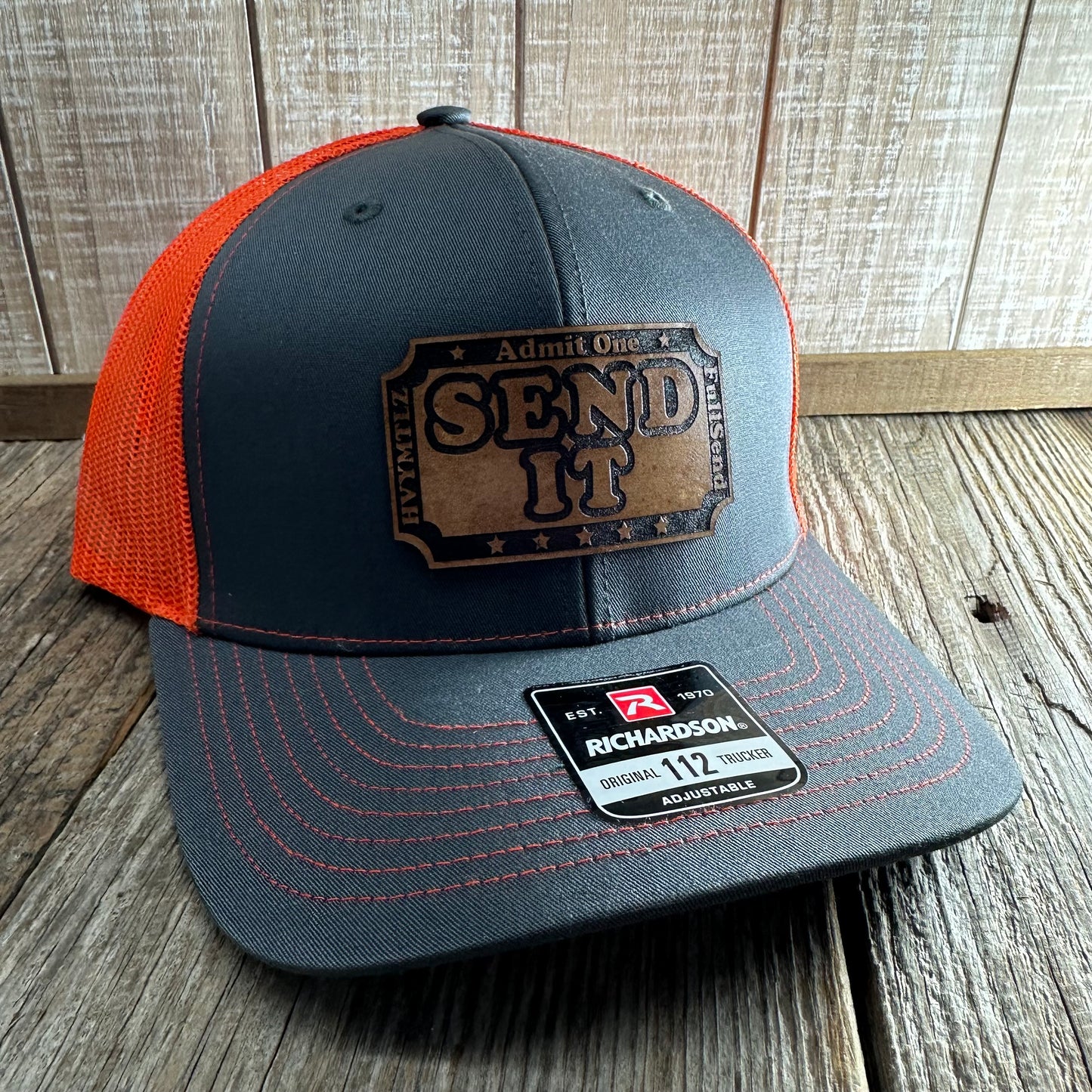 Ticket to SEND IT - Grey/Orange Mesh Richardson Snapback Hat - Leather Patch Baseball Cap