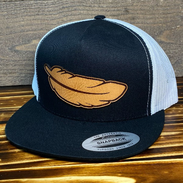 old south tobacco hat Patch Khaki / Brown Feather Flat Bill - Black/White