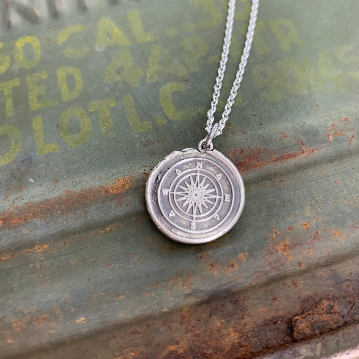 Compass Necklace - Vintage Inspired Charm - Fine Silver Wax Seal Pendant Sterling Silver Necklace Chain