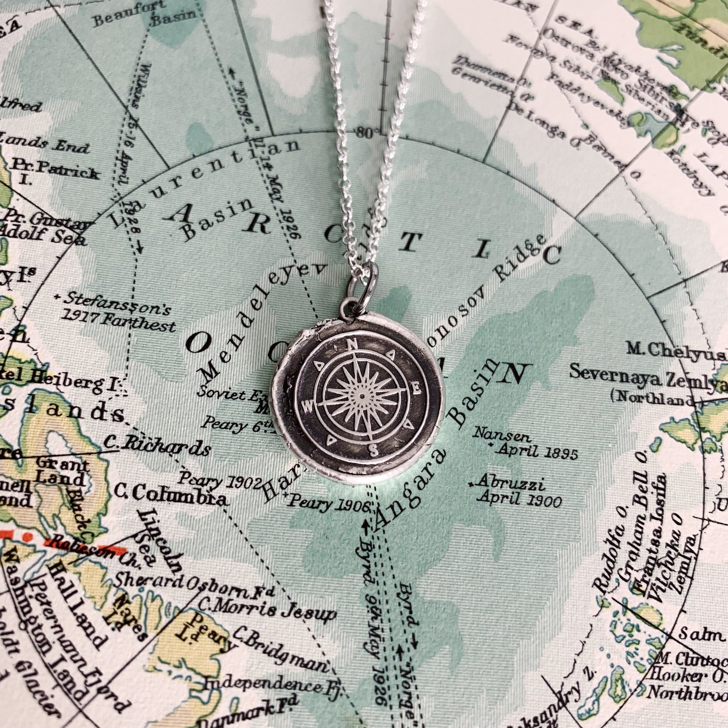 Compass Necklace - Vintage Inspired Charm - Fine Silver Wax Seal Pendant Sterling Silver Necklace Chain