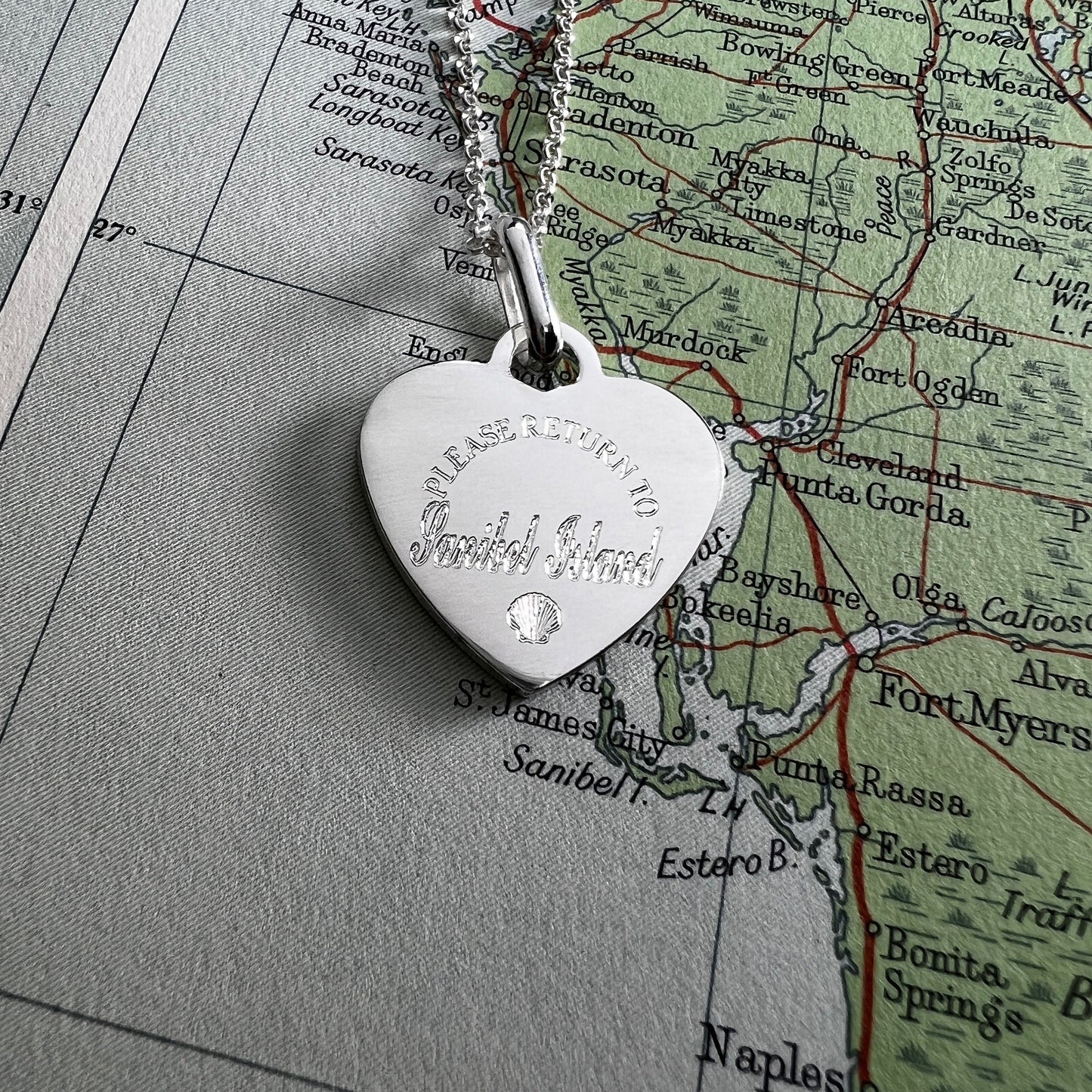 Sanibel Island Pendant - Sterling Silver Heart Charm - Travel Necklace - Location Jewelry