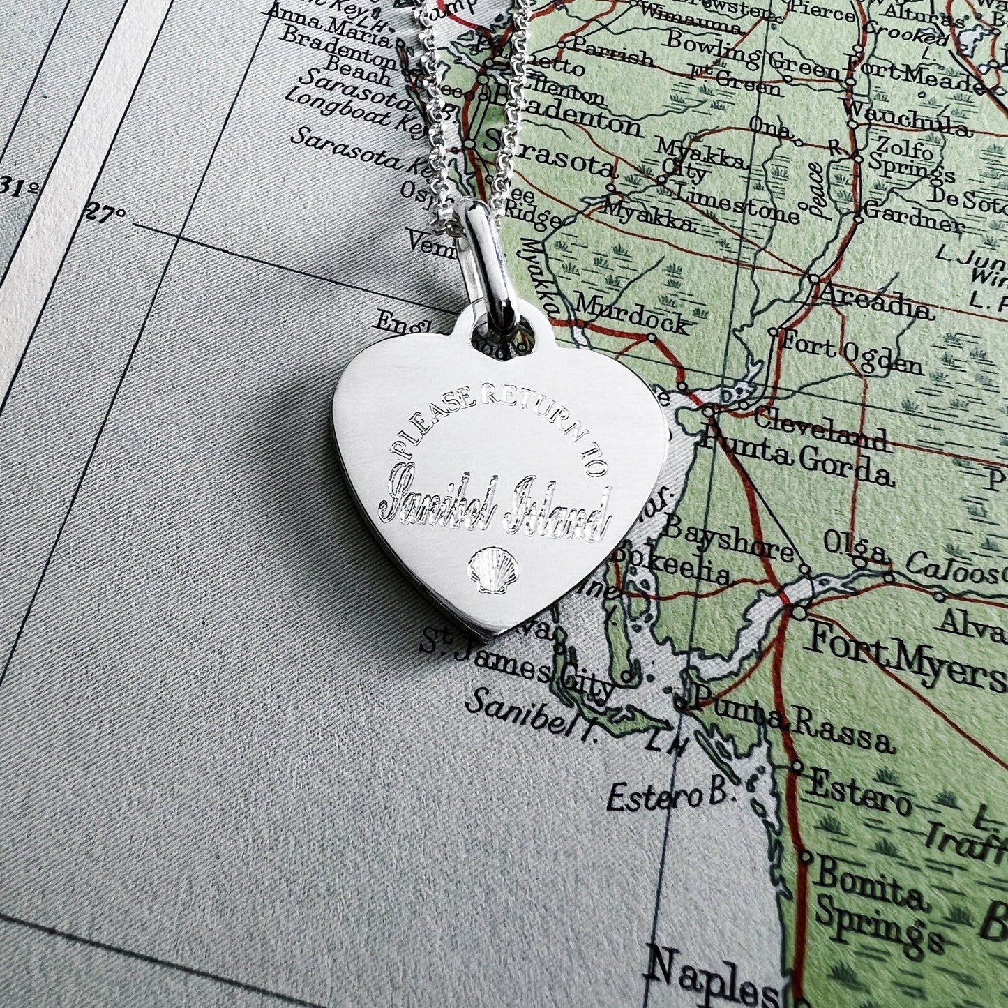Sanibel Island Pendant - Sterling Silver Heart Charm - Travel Necklace - Location Jewelry