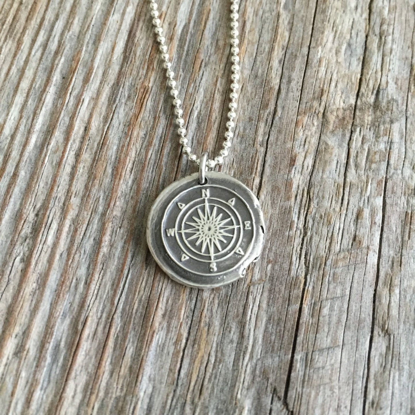 Compass Necklace - Vintage Inspired Charm - Fine Silver Wax Seal Pendant Sterling Silver Necklace Chain