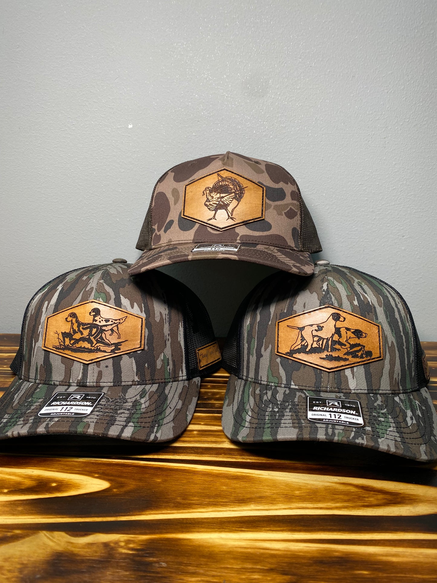 Hunting Dogs Patch Hat - BottomLand Camo/Black Mesh Richardson Snapback Hat - Leather Patch Baseball Cap