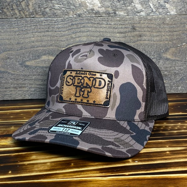 Ticket to SEND IT - Brown Duck Camo/Black Mesh Richardson Snapback Hat - Leather Patch Baseball Cap