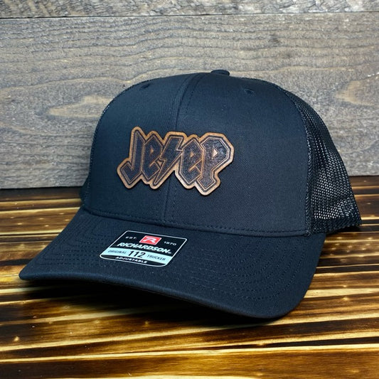 JE/EP (AC/DC) - Black/Black Mesh Richardson Snapback Hat - Leather Patch Baseball Cap