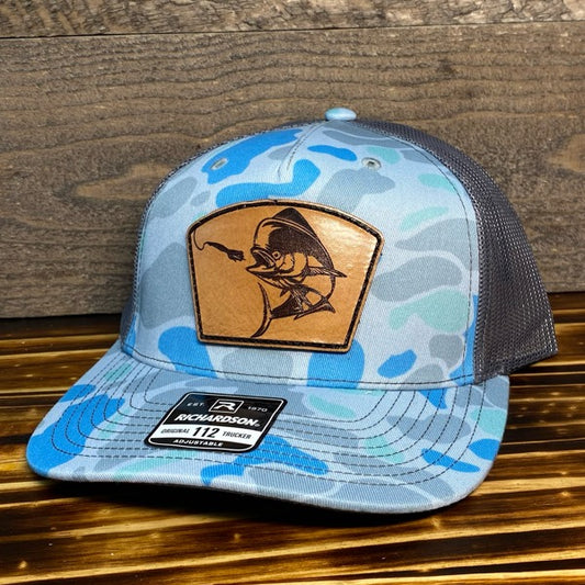 Dolphin (Mahi) Patch - SaltWater Camo/Grey Mesh Richardson Snapback Hat - Leather Patch Baseball Cap