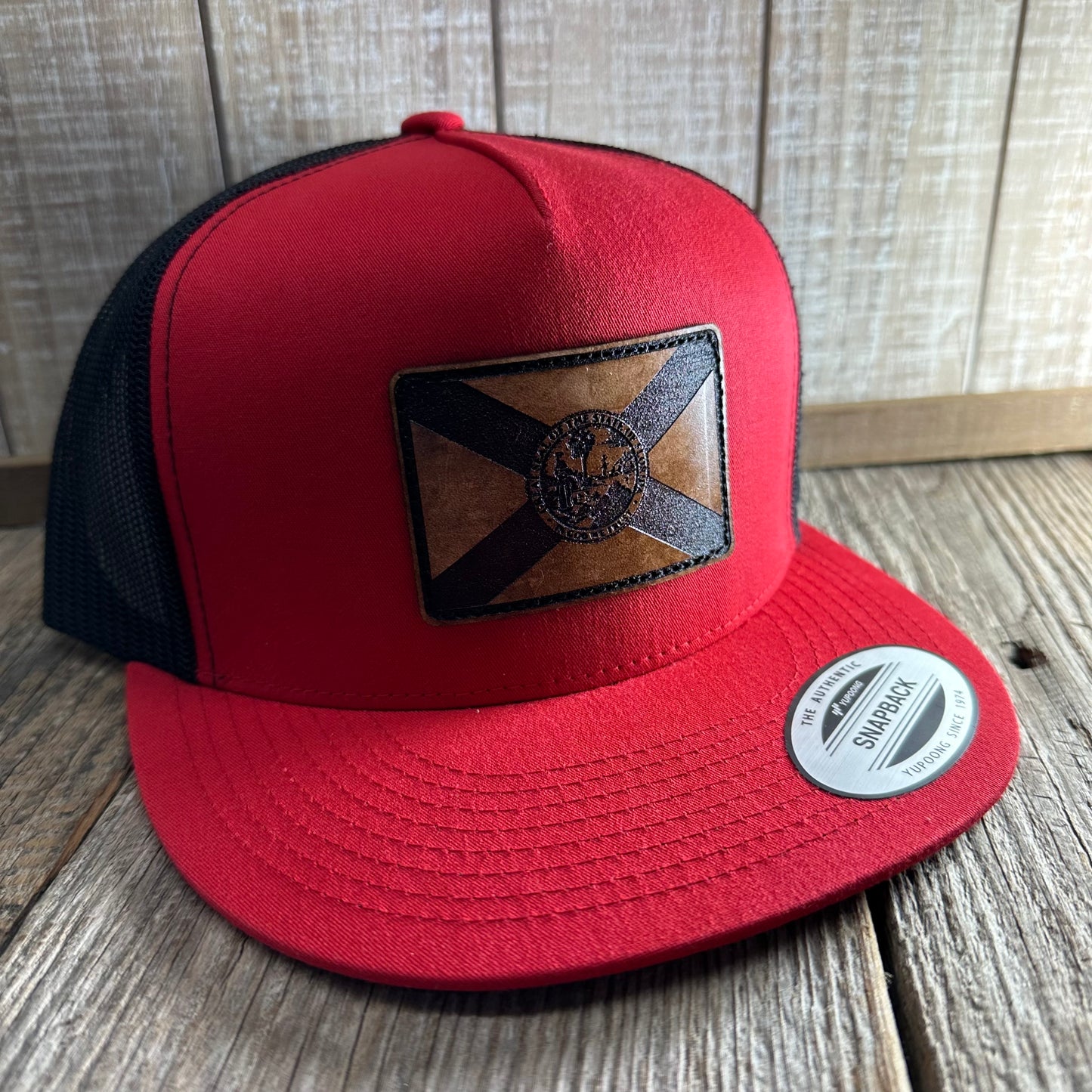 Florida Flag Flat Bill - Red/Black Mesh Yupoong Snapback Hat - Leather Patch Baseball Cap