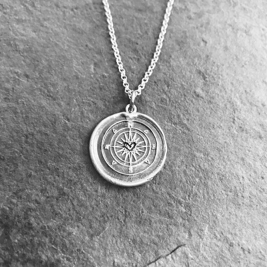 Compass - Heart Compass - Vintage Inspired Silver Wax Seal Pendant