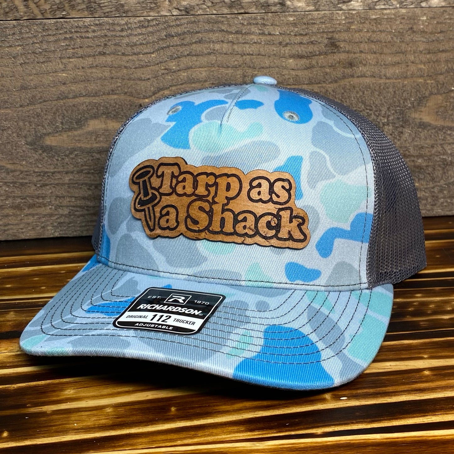 Tarp as a Shack Patch - SaltWater Camo/Grey Mesh Richardson Snapback Hat - Leather Patch Baseball Cap