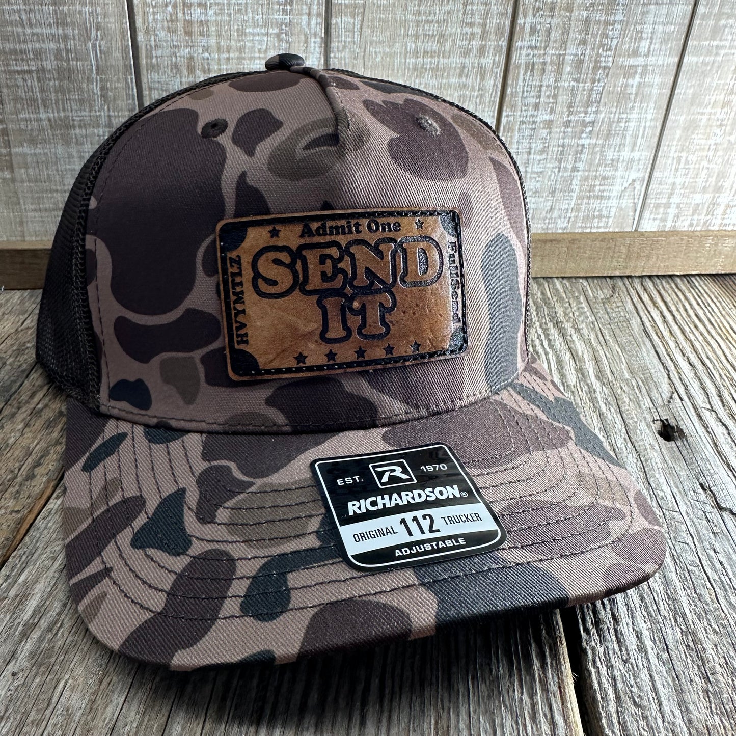 Ticket to SEND IT - Brown Duck Camo/Black Mesh Richardson Snapback Hat - Leather Patch Baseball Cap