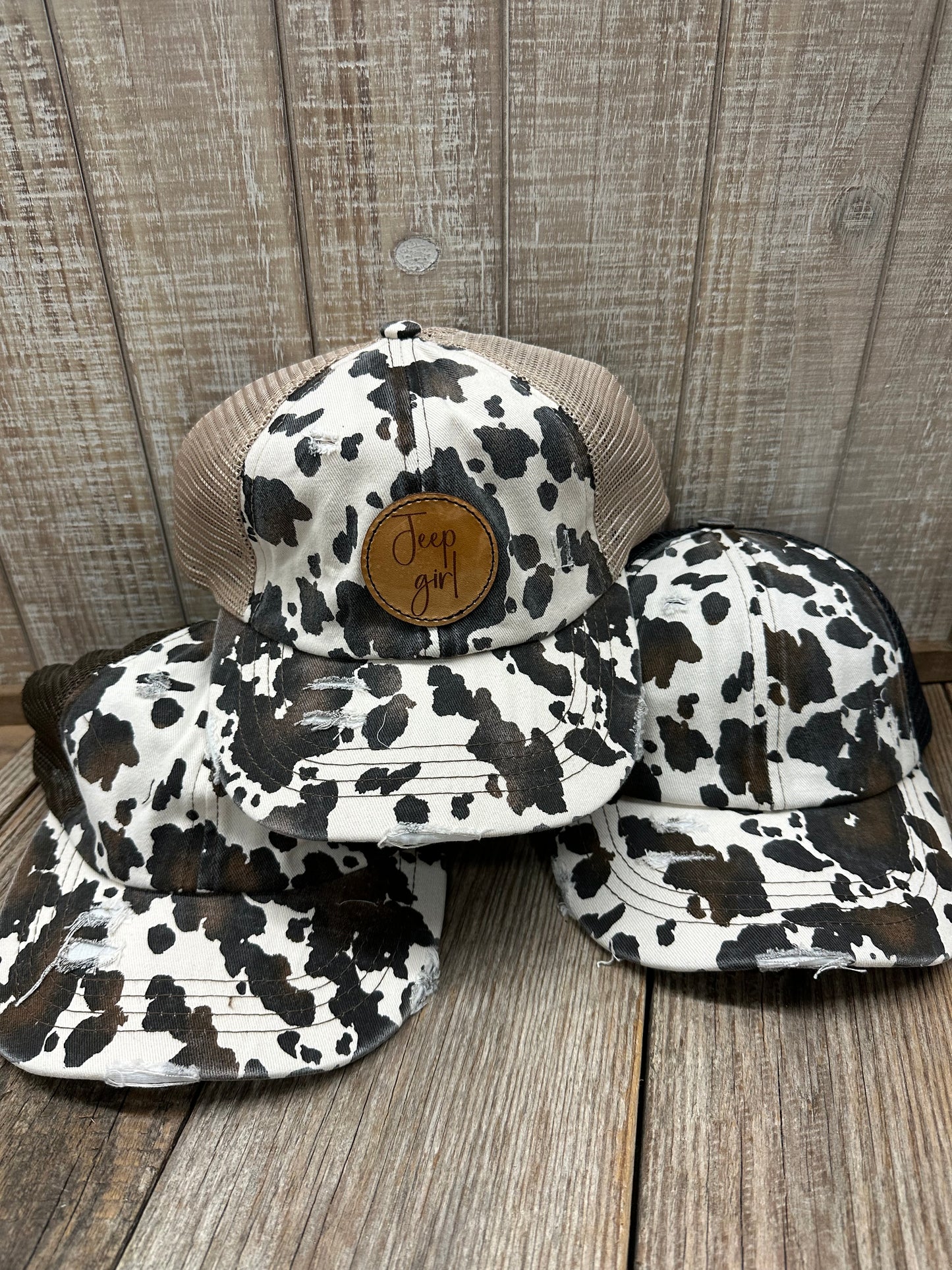 Off-Road Girl Round Leather Patch Cow Print Ponytail Hat - Round text patch