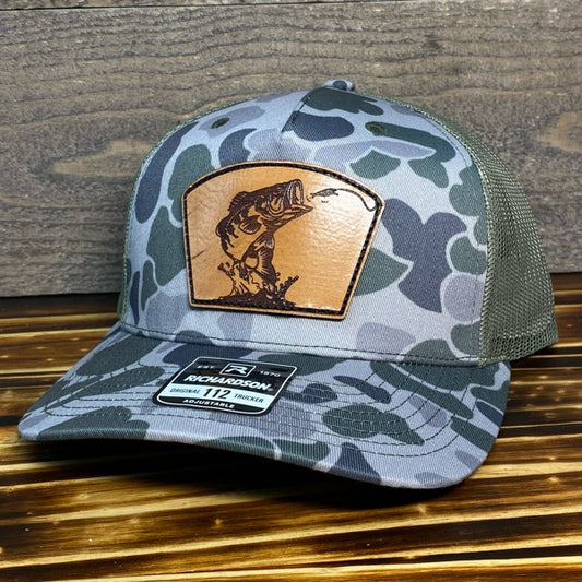 Largemouth Bass - Marsh Camo/Green Mesh Richardson Snapback Hat - Leather Patch Baseball Cap