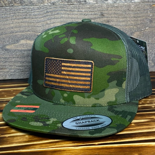 American Flag Flat Bill - Camo/Green Mesh Yupoong Snapback Hat - Leather Patch Baseball Cap