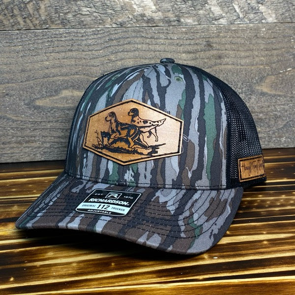 Hunting Dogs Patch Hat - BottomLand Camo/Black Mesh Richardson Snapback Hat - Leather Patch Baseball Cap