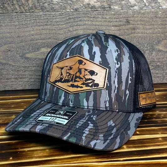 Hunting Dog Patch Hat - BottomLand Camo/Black Mesh Richardson Snapback Hat - Leather Patch Baseball Cap