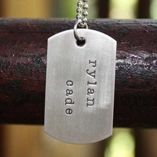 Dog Tag Necklace - Sterling Silver Hand Stamped Necklace - Brush Finish Small Dog Tag - Personalized Just for You