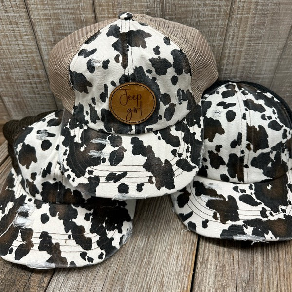 Off-Road Girl Round Leather Patch Cow Print Ponytail Hat - Round text patch