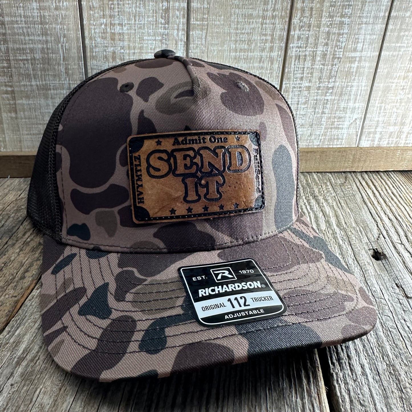 Ticket to SEND IT - Brown Duck Camo/Black Mesh Richardson Snapback Hat - Leather Patch Baseball Cap