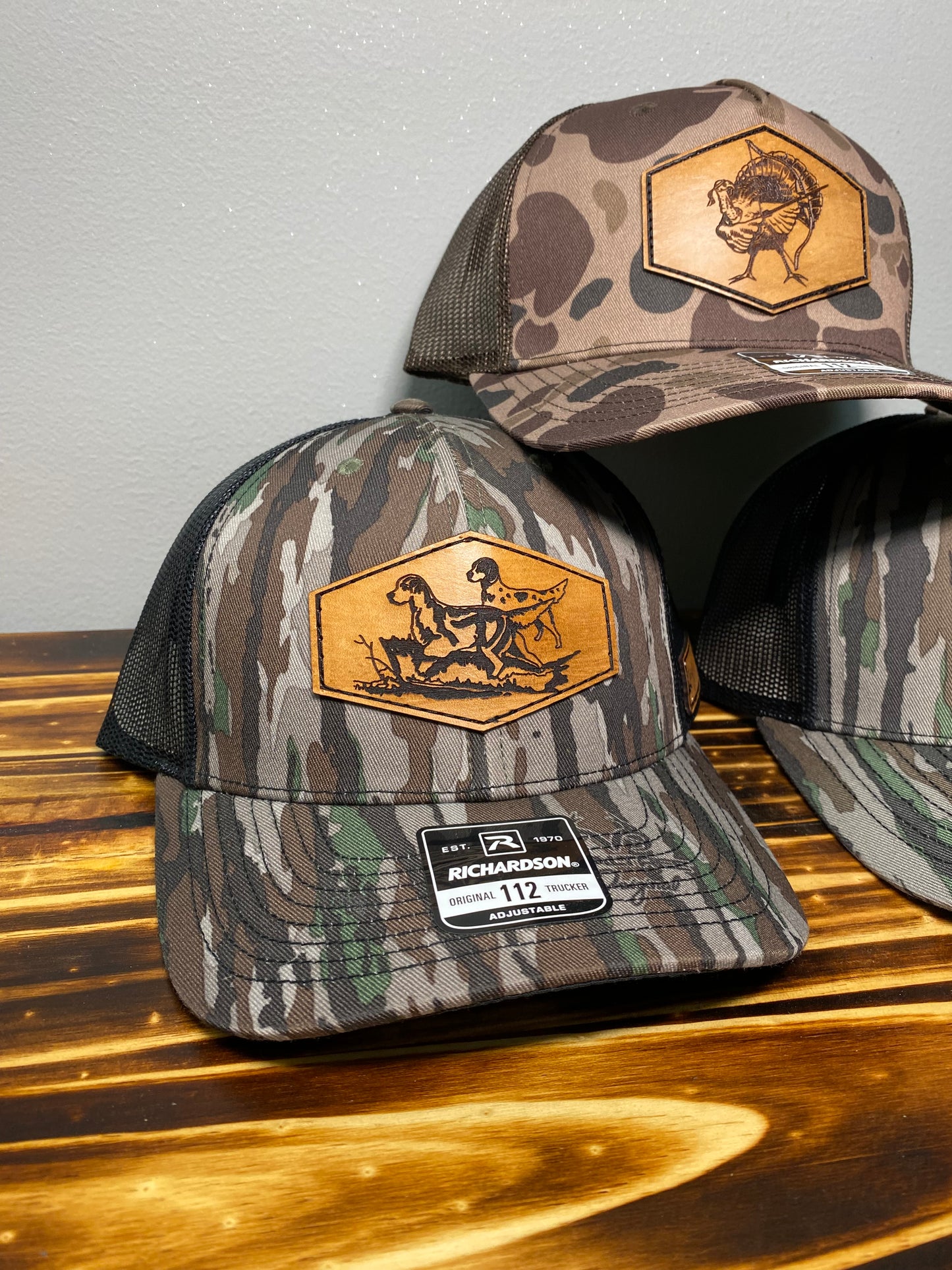 Hunting Dogs Patch Hat - BottomLand Camo/Black Mesh Richardson Snapback Hat - Leather Patch Baseball Cap