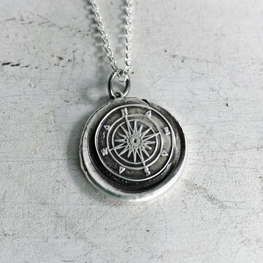 Compass Necklace - Vintage Inspired Charm - Fine Silver Wax Seal Pendant Sterling Silver Necklace Chain