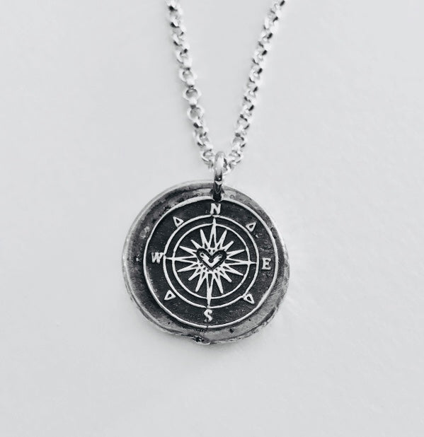 Compass - Heart Compass - Vintage Inspired Silver Wax Seal Pendant