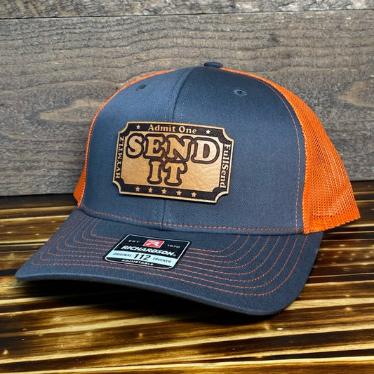 Ticket to SEND IT - Grey/Orange Mesh Richardson Snapback Hat - Leather Patch Baseball Cap