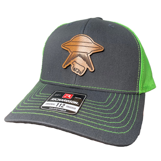 Alien Abduction patch - Grey/Neon Green Mesh Richardson Snapback Hat - Leather Patch Baseball Cap