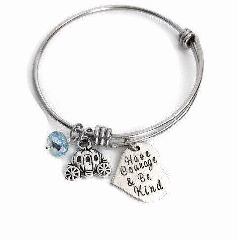 Be Kind - Adjustable Bangle Bracelet - Have Courage and Be Kind - Adjustable Bracelet - Heart Charm Bracelet - Princess