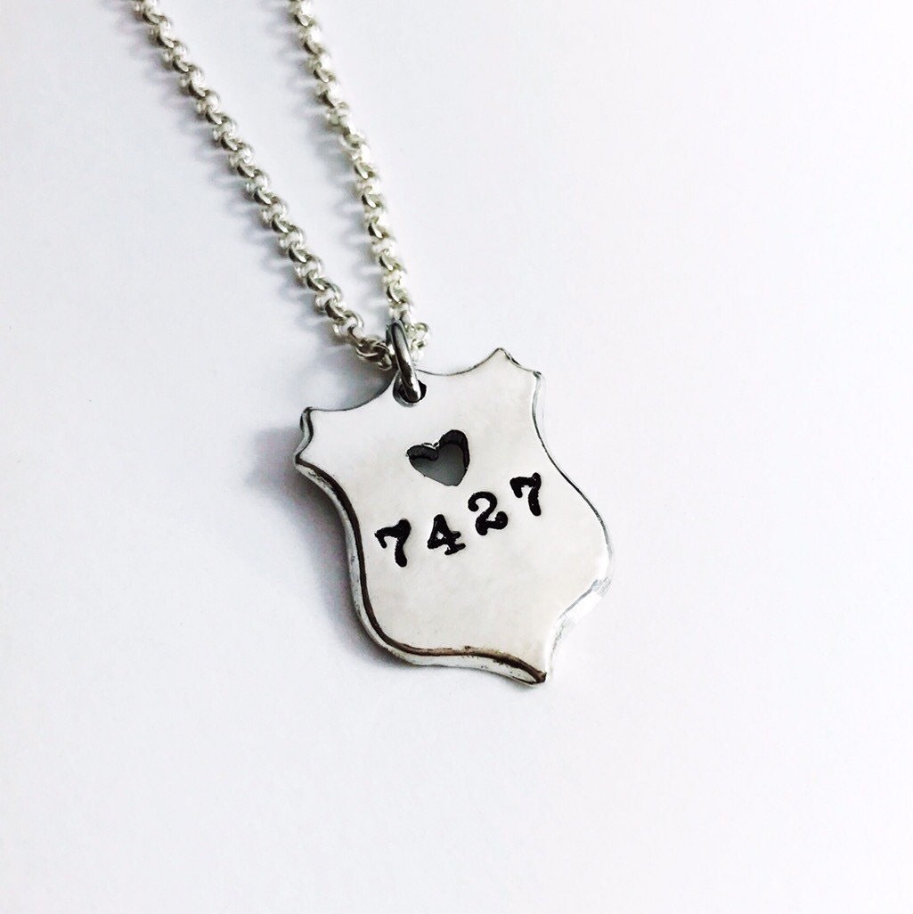 Police Badge Necklace - Officer Wife Jewelry - Personalized Handmade Silver ID Number Charm