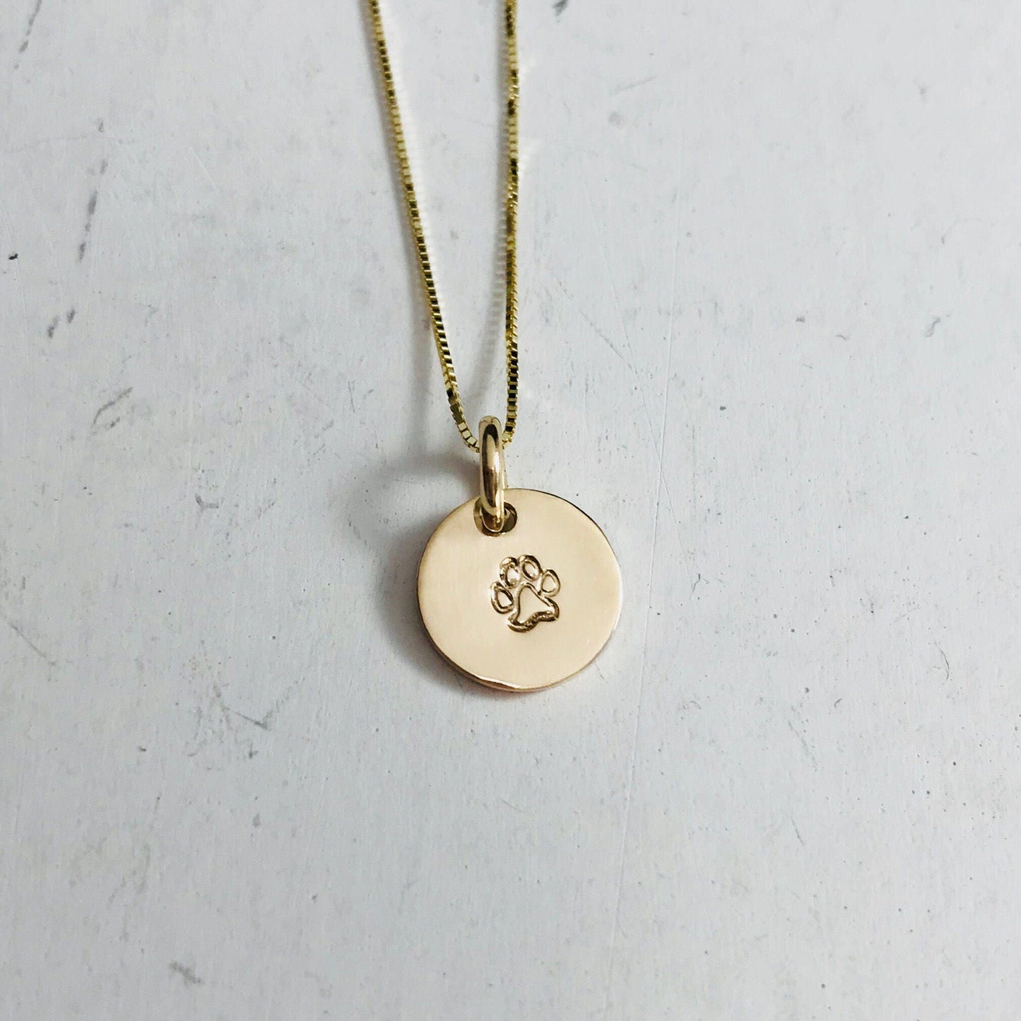 14K Solid Gold Paw Print Necklace - Hand Stamped & Personalized Gold Disc Jewelry For Pet Moms