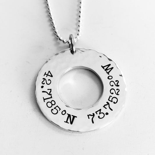 Coordinates Necklace -  Custom Coordinate Sterling Silver Hand Stamped Pendant