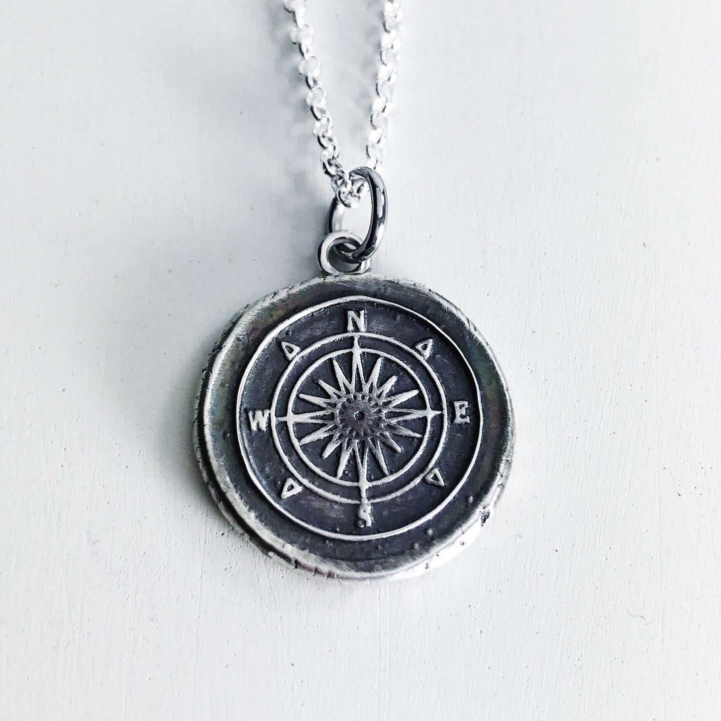 Silver Compass Necklace Vintage Inspired Pendant - Fine Silver Wax Seal Necklace - Travel Necklace Direction Charm Christmas Gift