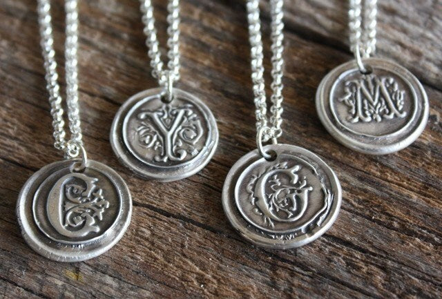 Vintage Inspired Initial Pendant - Fine Silver Wax Seal Style Necklace with Sterling Silver Rolo Chain