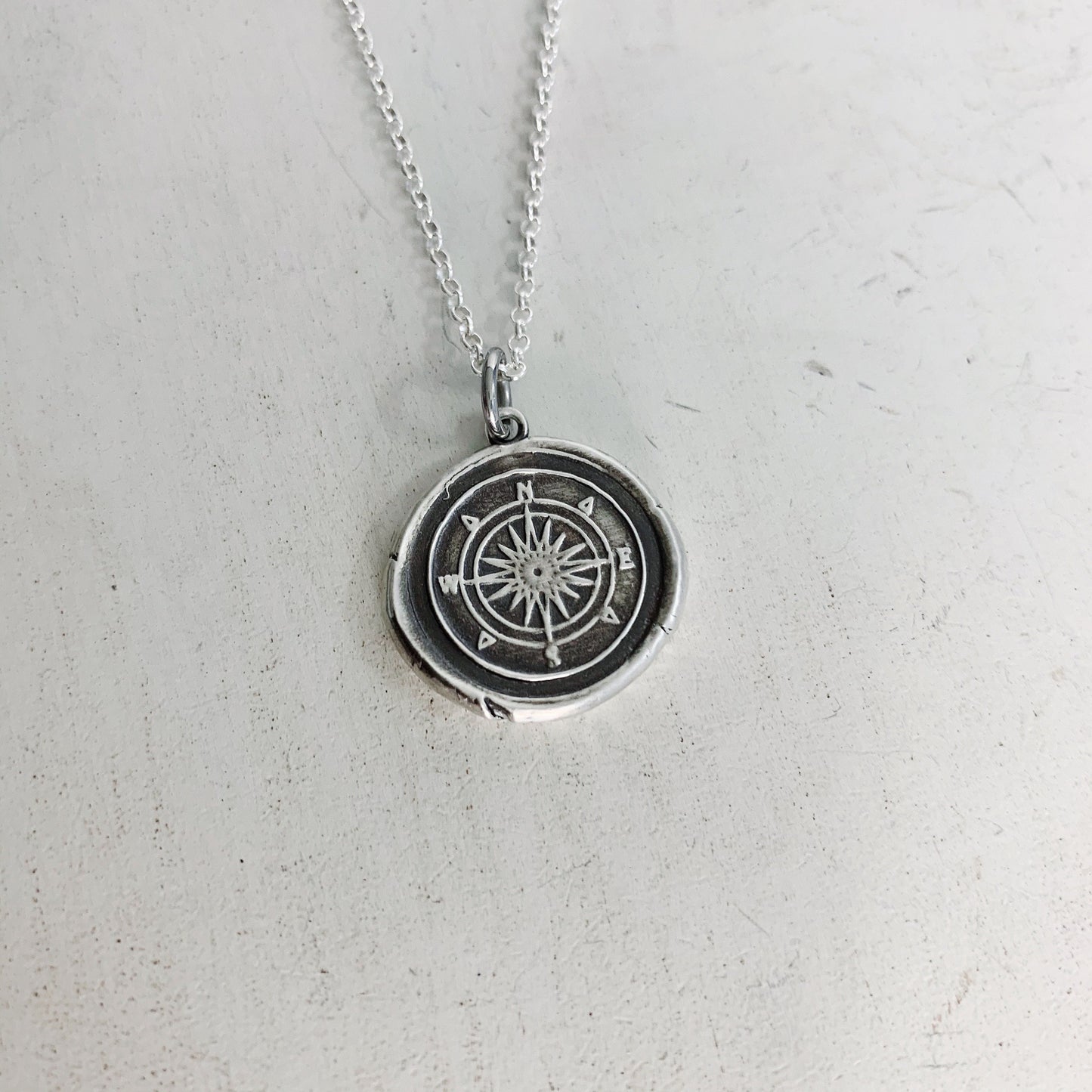 Silver Compass Necklace Vintage Inspired Pendant - Fine Silver Wax Seal Necklace - Travel Necklace Direction Charm Christmas Gift