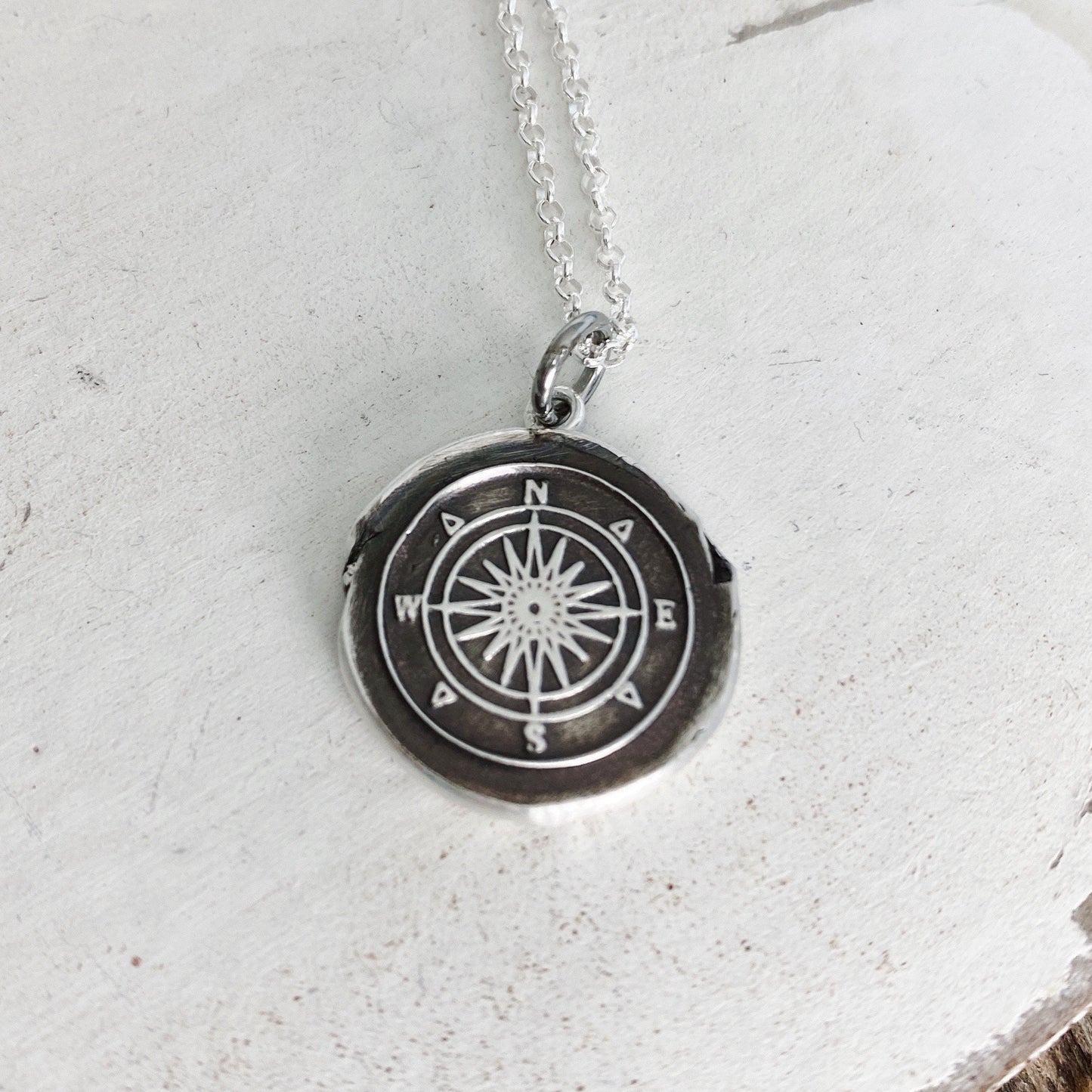 Silver Compass Necklace Vintage Inspired Pendant - Fine Silver Wax Seal Necklace - Travel Necklace Direction Charm Christmas Gift