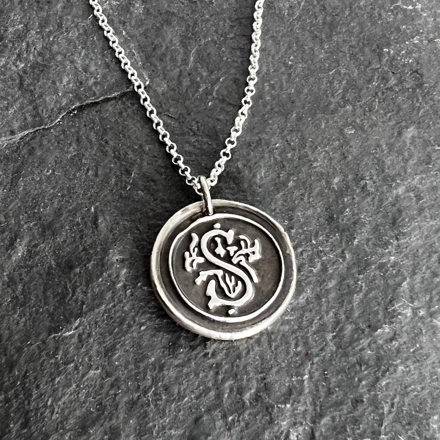 Vintage Inspired Initial Pendant - Fine Silver Wax Seal Style Necklace with Sterling Silver Rolo Chain