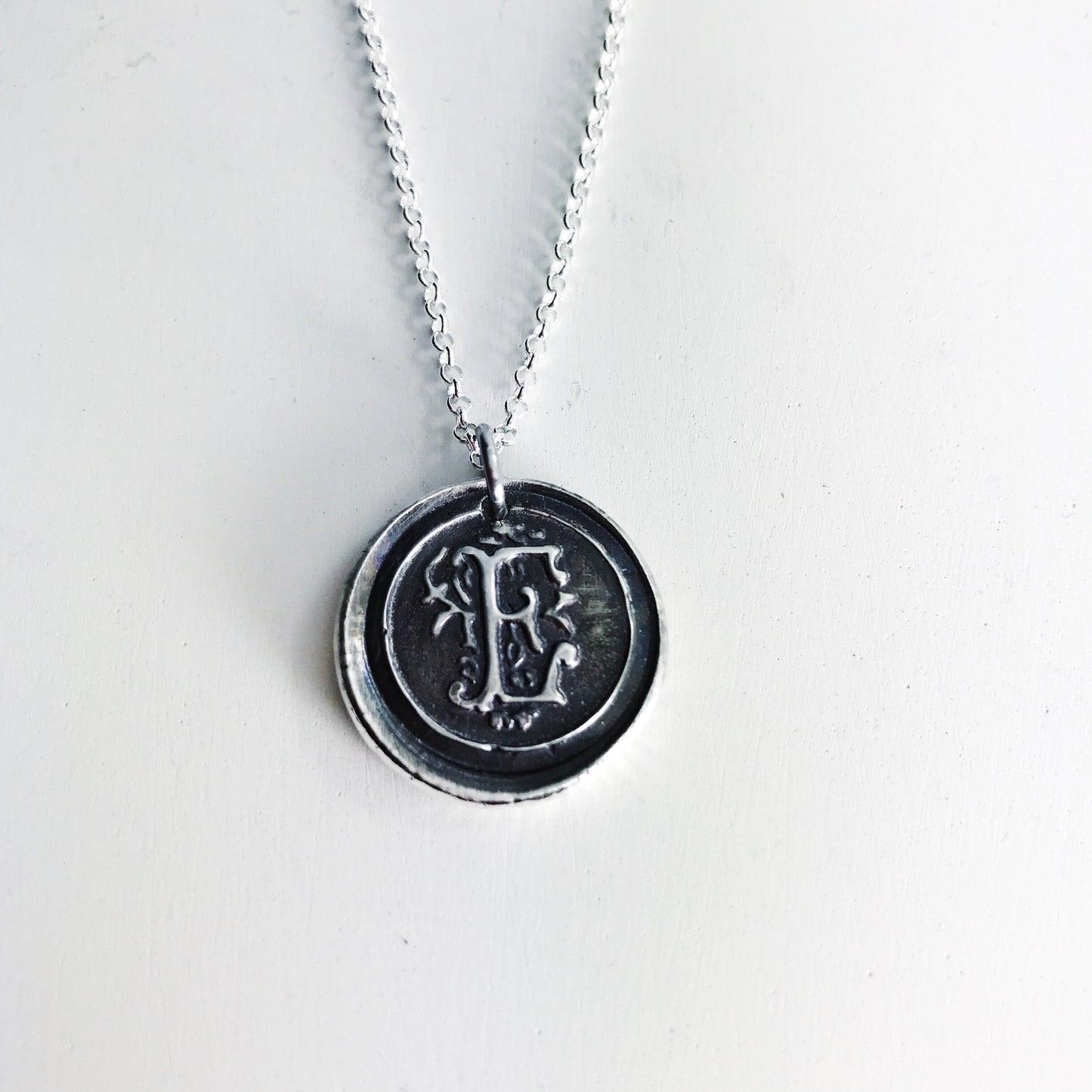 Vintage Inspired Initial Pendant - Fine Silver Wax Seal Style Necklace with Sterling Silver Rolo Chain