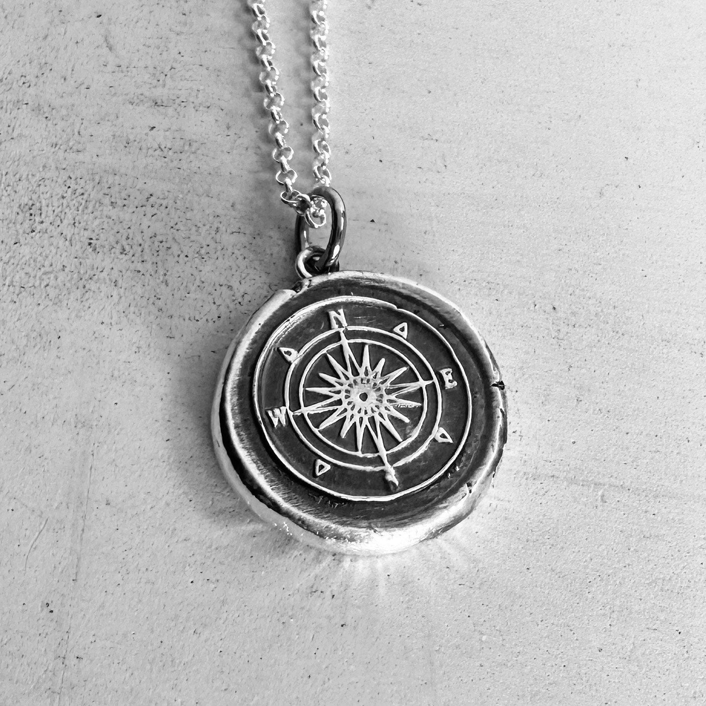 Silver Compass Necklace Vintage Inspired Pendant - Fine Silver Wax Seal Necklace - Travel Necklace Direction Charm Christmas Gift