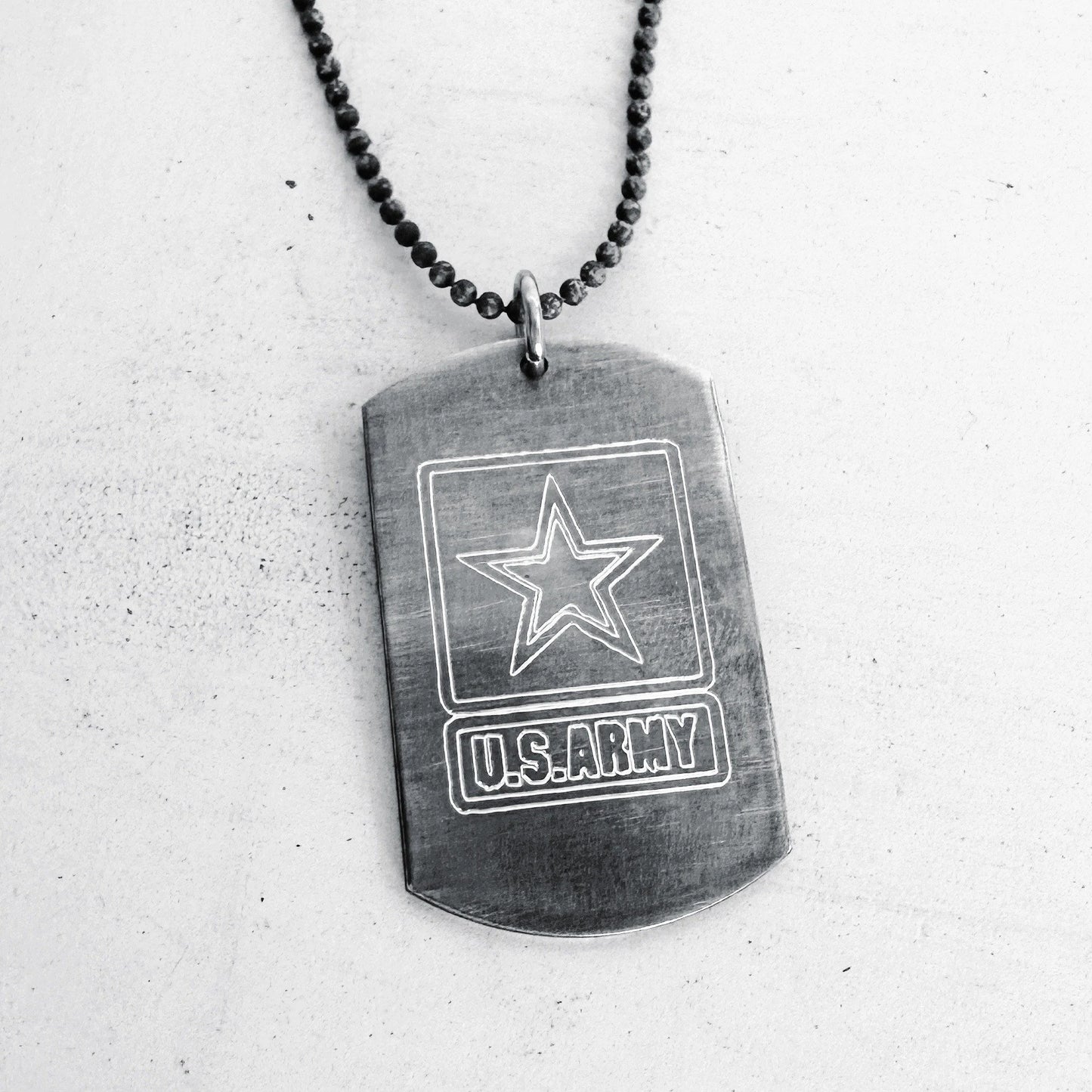 sterling silver dog tag necklace with engraved army logo rustic finish