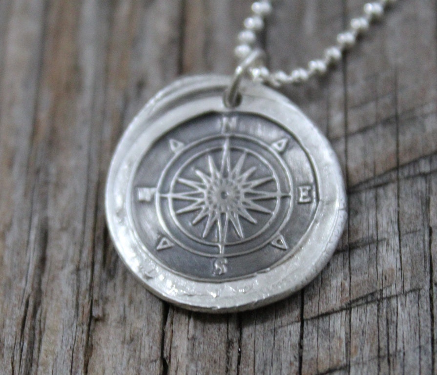 Silver Compass Necklace Vintage Inspired Pendant - Fine Silver Wax Seal Necklace - Travel Necklace Direction Charm Christmas Gift