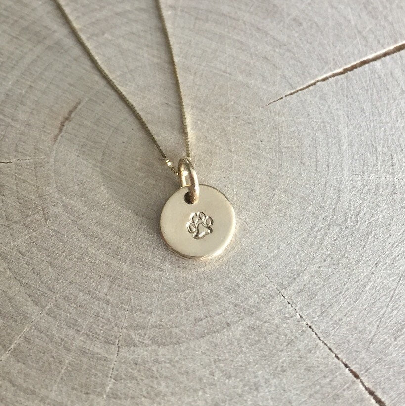 14K Solid Gold Paw Print Necklace - Hand Stamped & Personalized Gold Disc Jewelry For Pet Moms