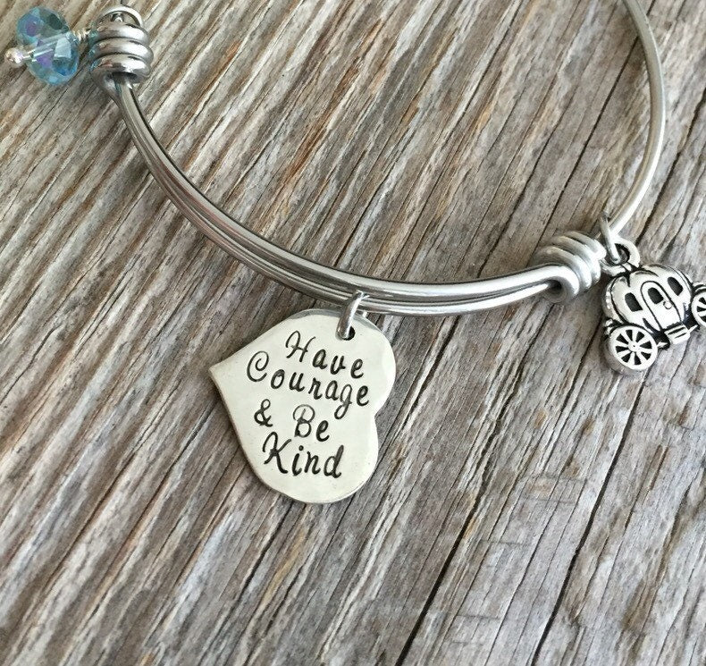 Be Kind - Adjustable Bangle Bracelet - Have Courage and Be Kind - Adjustable Bracelet - Heart Charm Bracelet - Princess